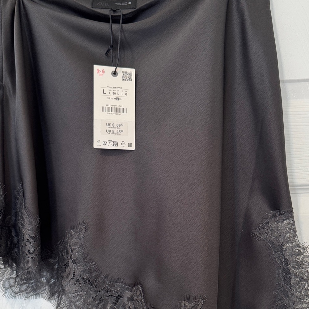 Zara Elegant Dark Gray Lace Trim Asymmetrical Skirt with Side Zip - Size L NWT - Picture 8 of 17